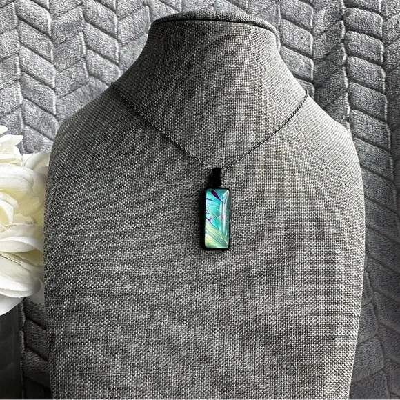 Hand painted Abstract Acrylic fluid pour art pendant necklace teal blue black - Picture 7 of 7